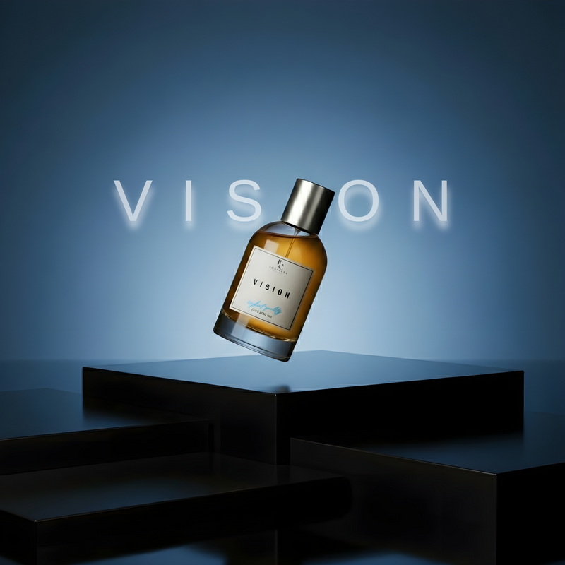 VISION - Inspired by LV Imagination fragrance bottle displayed against a blue background.