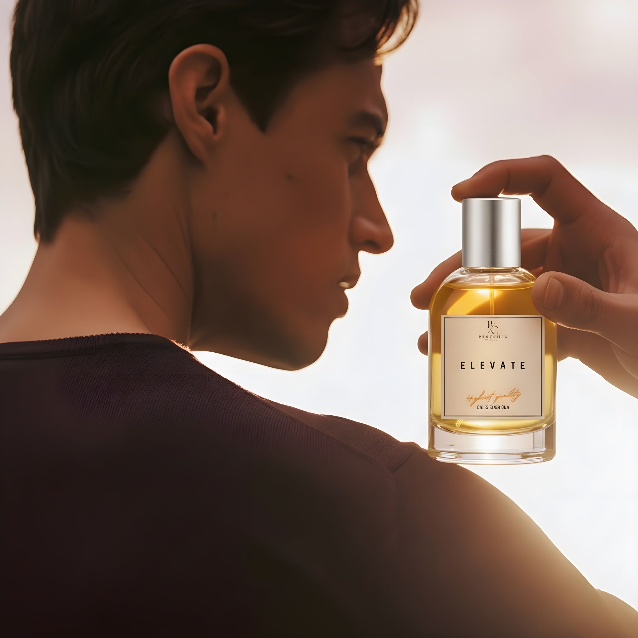 ELEVATE - Inspirado en Parfums de Marly Althair, frasco de perfume sostenido por un hombre que muestra una fragancia de lujo.