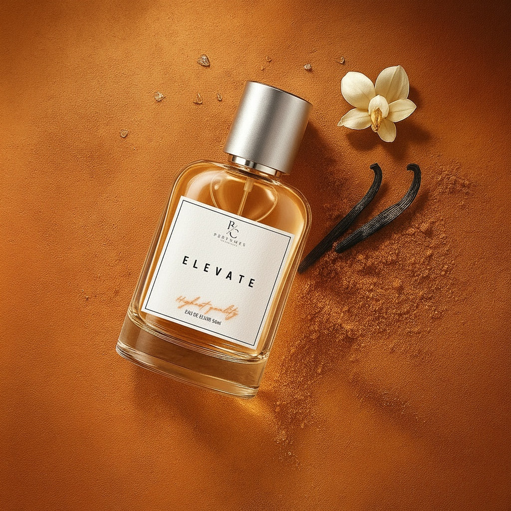 ELEVATE - Inspirado en Parfums de Marly Althair fragrance bottle on a brown background with vanilla flower and pod.