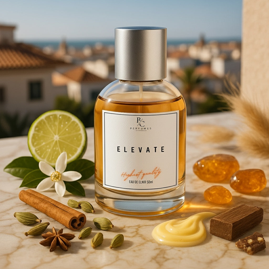 ELEVATE - Inspirado en Parfums de Marly Althair, frasco de perfume con ingredientes sobre una superficie de mármol.
